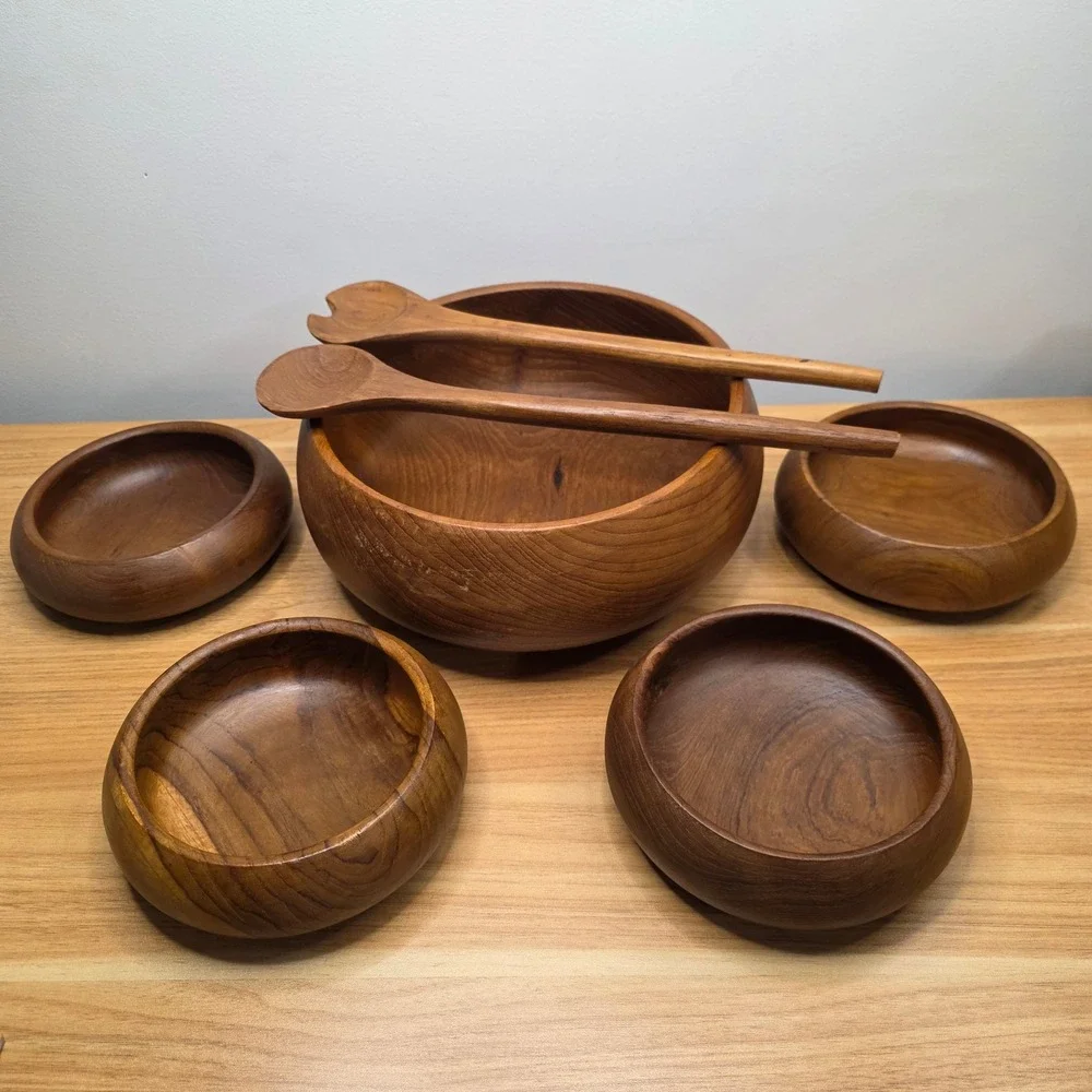 Vintage Teak Solid Wood Salad Bowl Serving Set 7pc Brown Mid Century‎ Modern
